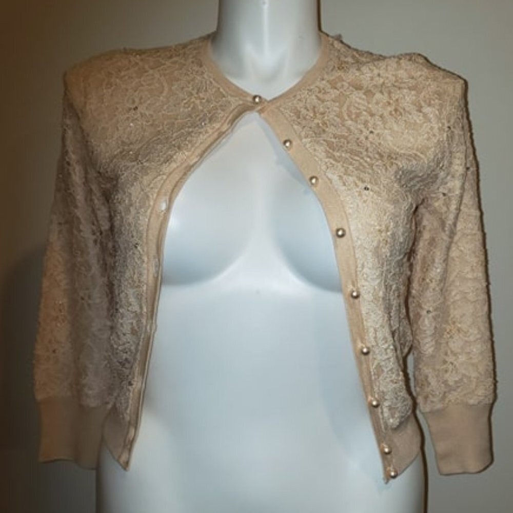 The Limited Lace Cardigan in Champagne Beige with Beads, Pearls, & Rhinestones - Picture 2 of 7
